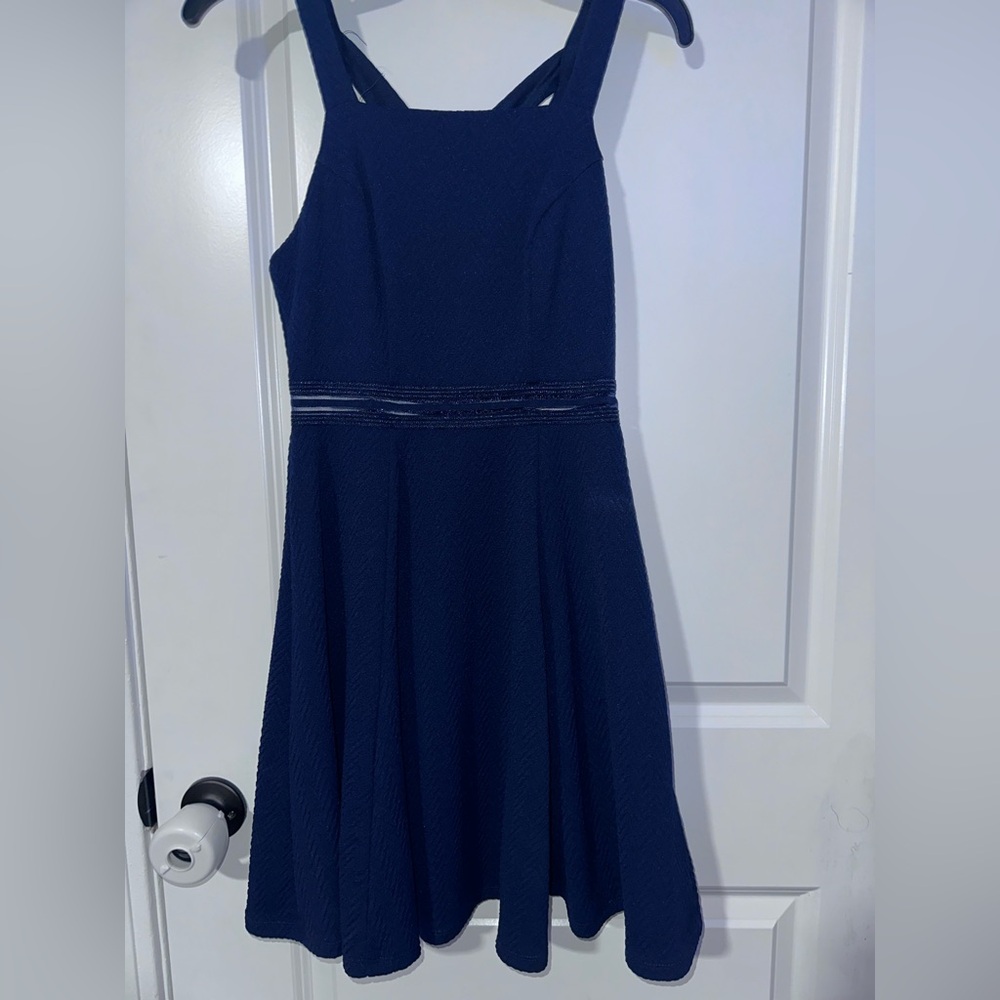 Sequin Hearts Navy Textured High-Low Fit & Flare Dress